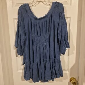 Free People Boho Peasant Mini Dress In Slate Blue